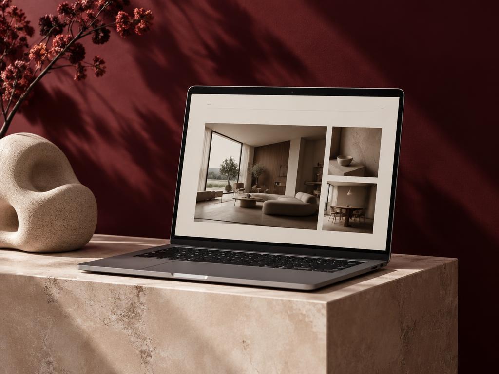 Composição ilustrativa de um site de arquitetura aberto em um notebook